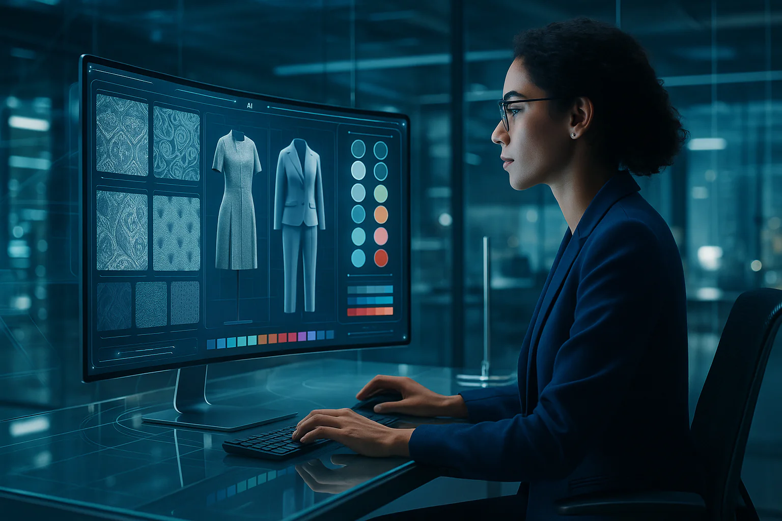 Fashion designer using AI tool for virtual clothing collection.