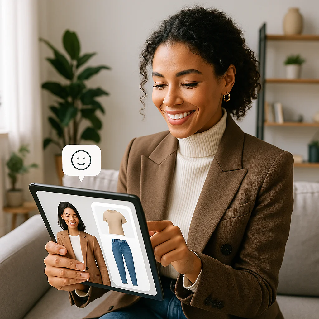 User happily using AI fashion assistant