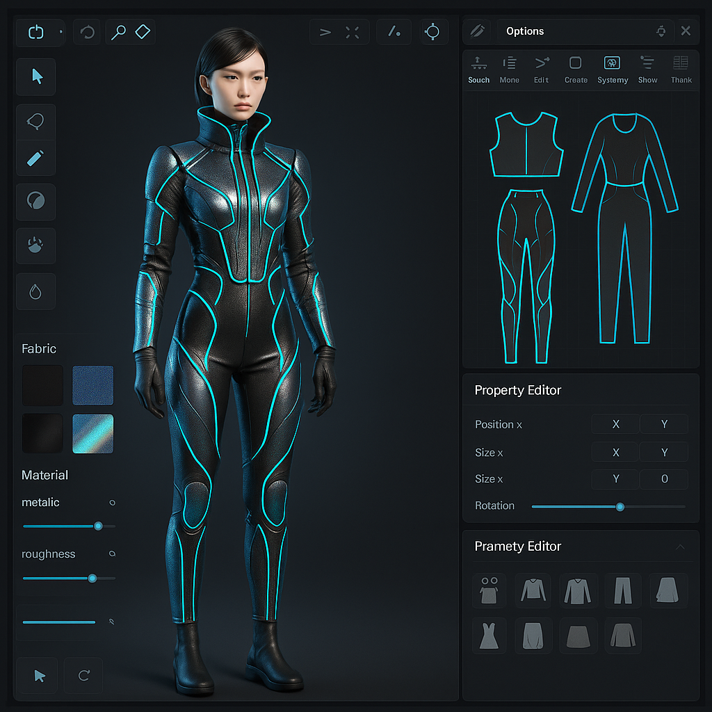 A modern 3D virtual fashion design interface with a futuristic look.