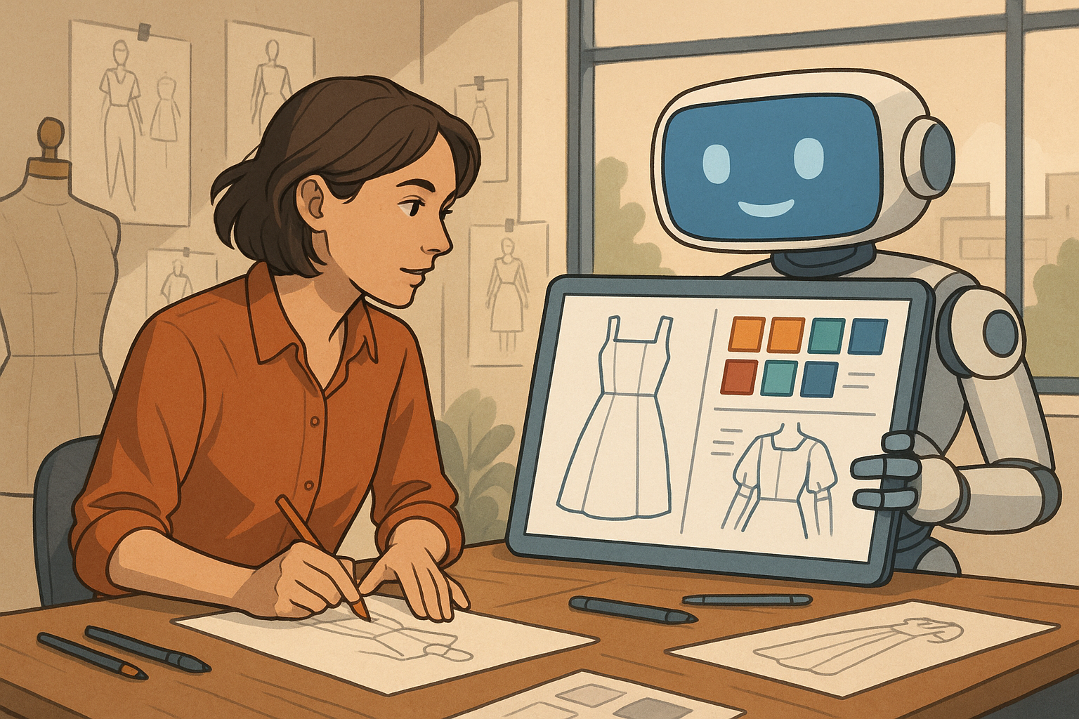 A creative studio showing collaboration between human designers and AI.