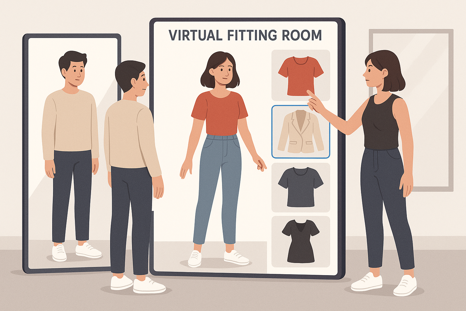 Scene of an interactive virtual fitting room with digital avatars.