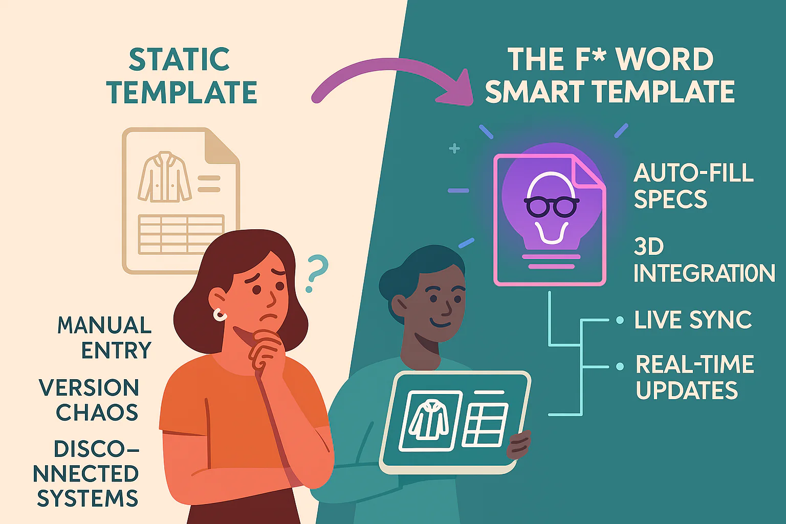 Flat infographic comparing traditional fashion templates (manual, disconnected) with AgentPack Smart Templates (auto-fill, real-time sync, adaptive logic).