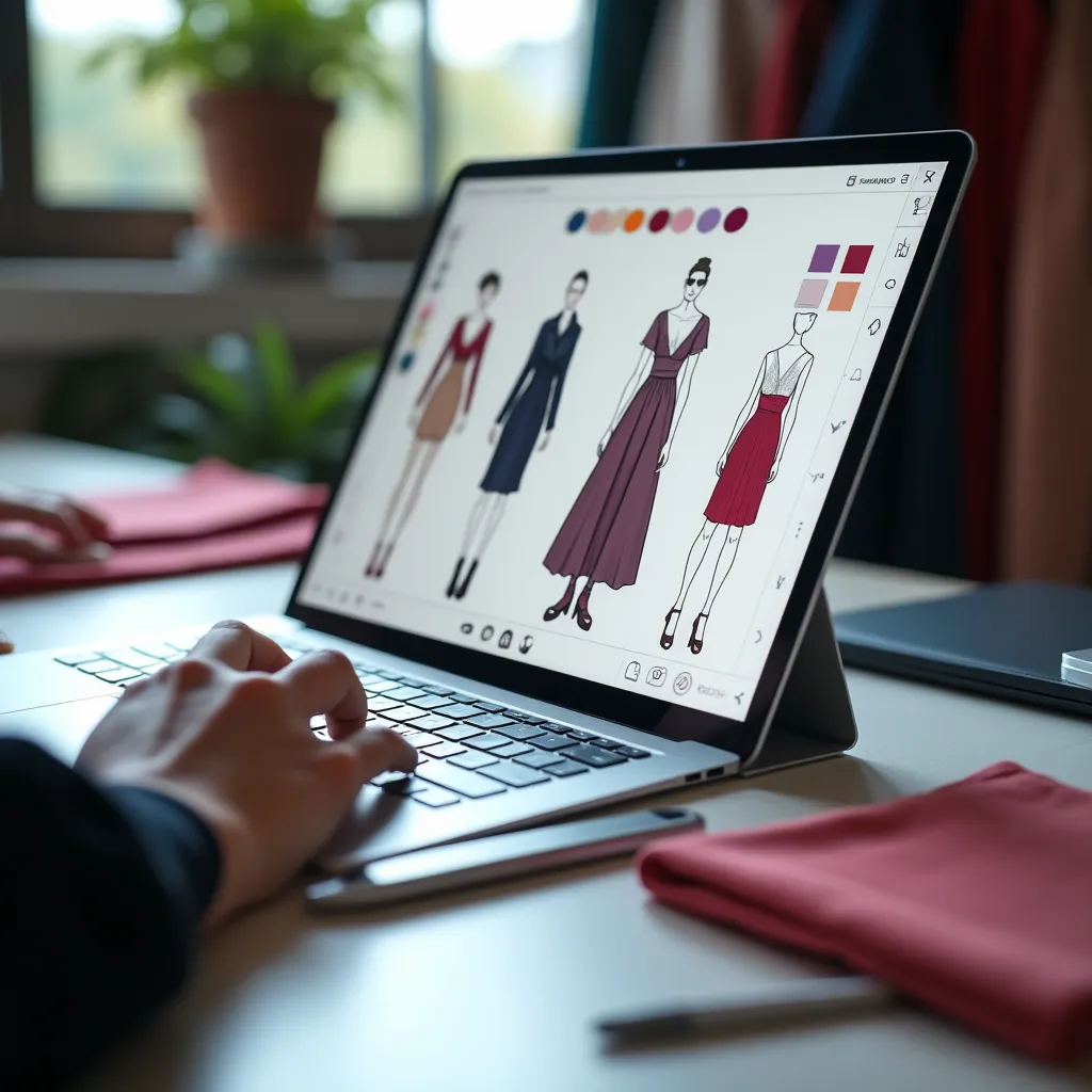 AI Fashion Designer Assistant Tutorial Workspace Designer using an AI fashion design tool on a laptop with digital sketches and 3D garments