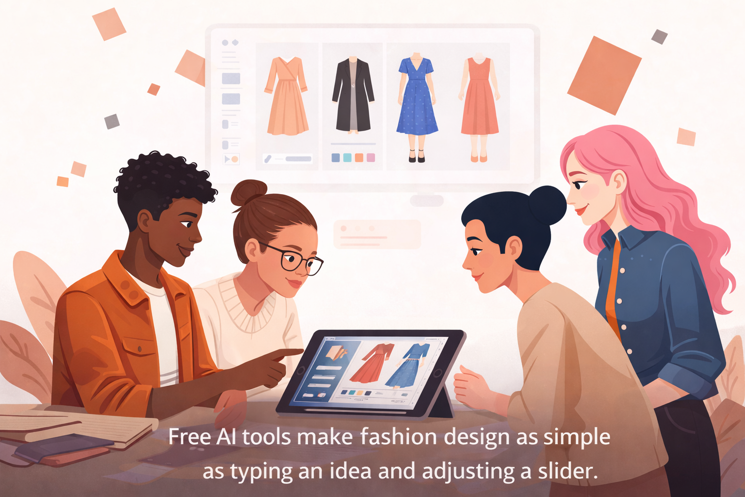Flat illustration of a creative group co-creating outfits with an AI tool projected on screen.