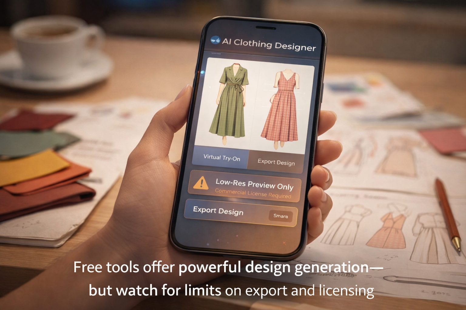 Smartphone with AI outfit designs shows a low-res preview warning and commercial license notice, surrounded by swatches and sketches.