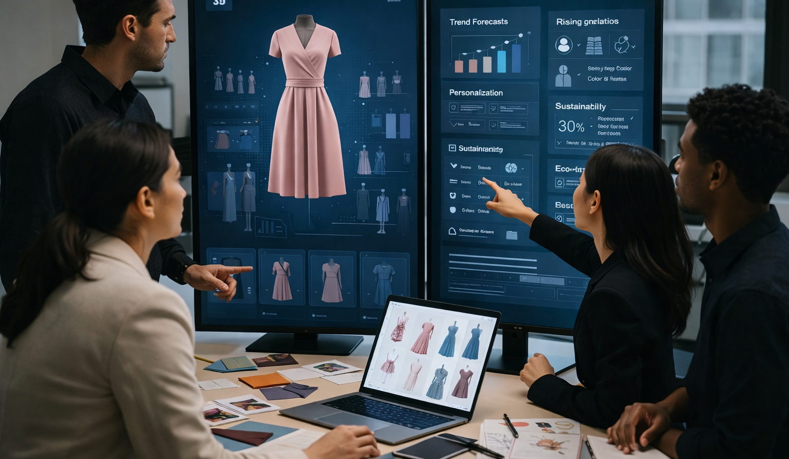 Photorealistic office scene of a fashion team using an AI system to analyze 3D clothing designs and real-time metrics on personalization, trends, and sustainability.