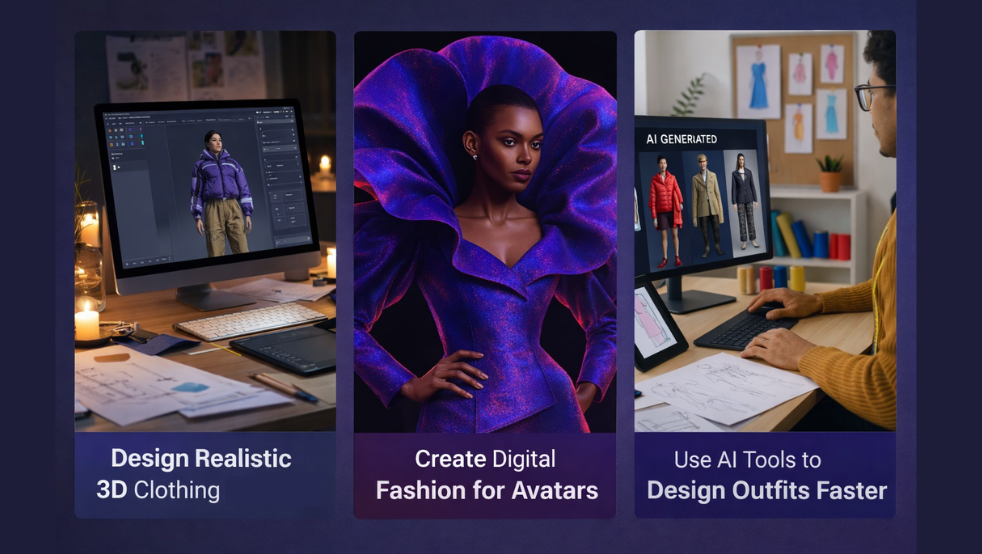 Left: Designer’s desk with a screen showing a 3D digital avatar wearing virtual clothing created in Clo 3D, surrounded by sketches and candles.  Center: Stylized 3D render of an avatar wearing an extravagant digital gown, representing high-concept virtual fashion design.  Right: Designer at a studio computer using AI software to generate fashion designs displayed on screen, surrounded by sketches and swatches.