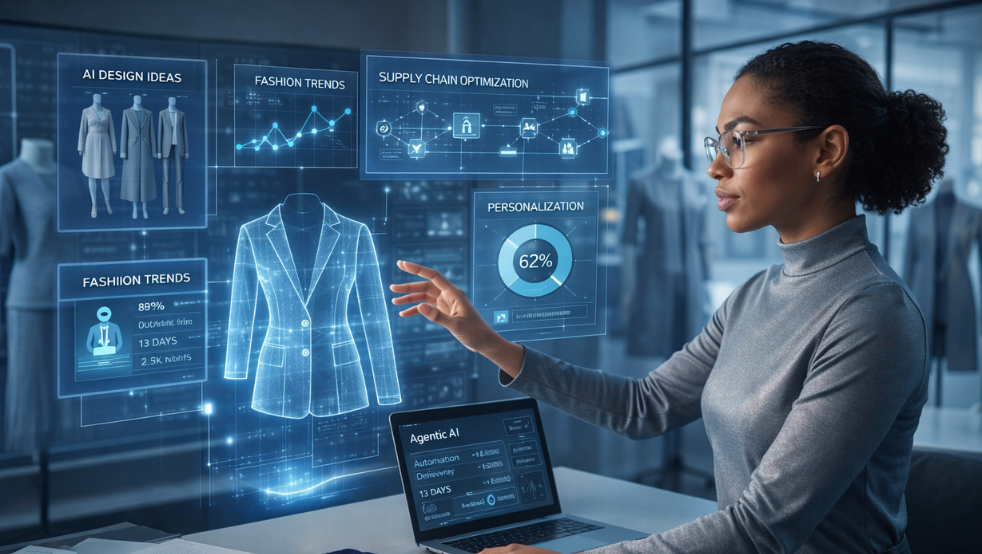 A female fashion professional uses a holographic AI interface to interact with data on garment design, trend analysis, personalization, and supply chain optimization in a futuristic studio. A laptop beside her displays Agentic AI performance metrics.