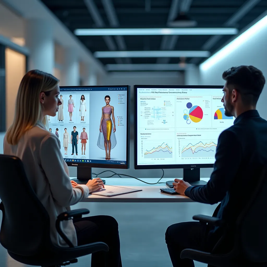 Designer using AI fashion design software and planner reviewing AI fashion trend prediction dashboards