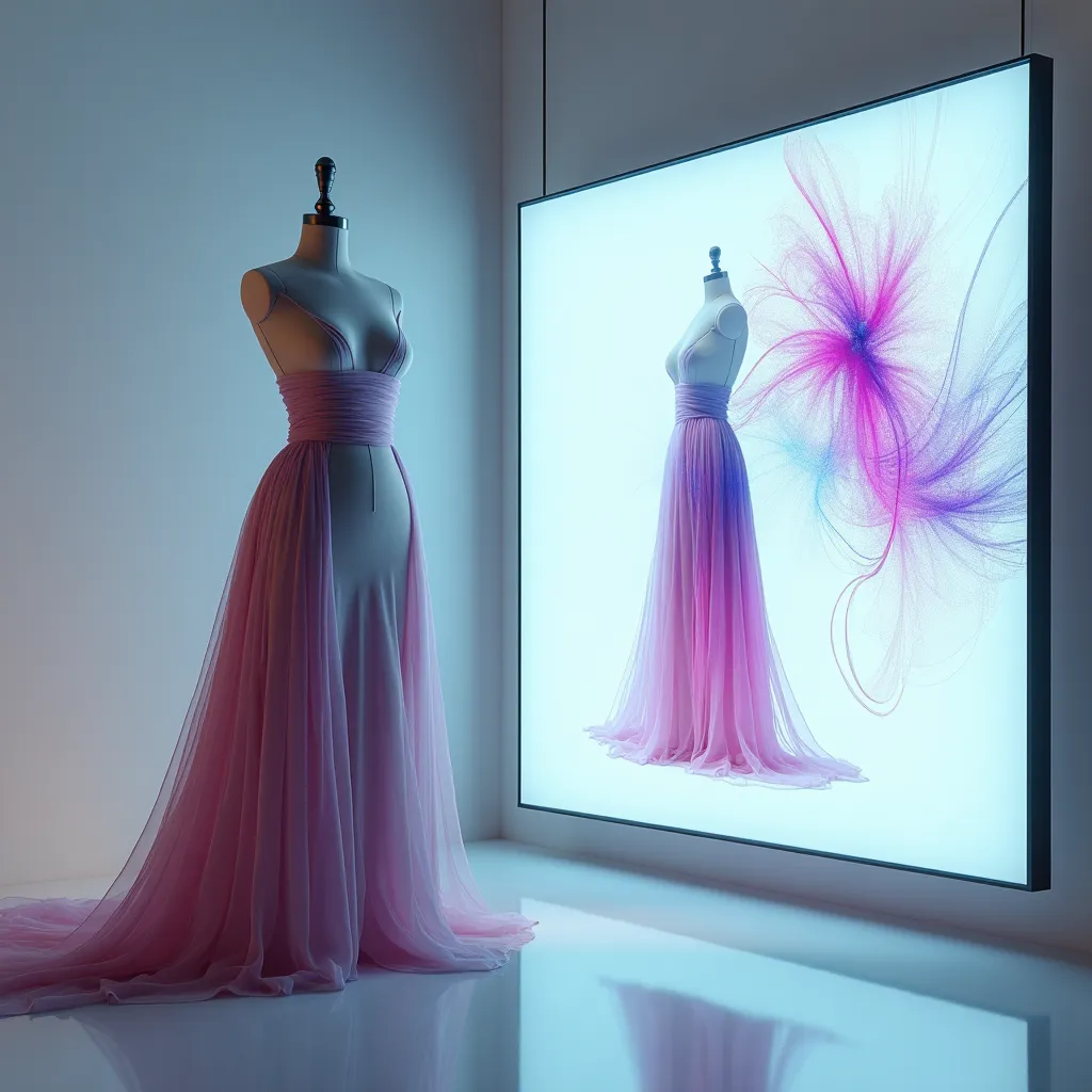 Split view of traditional couture dress form and digital screen with AI-generated fashion sketches