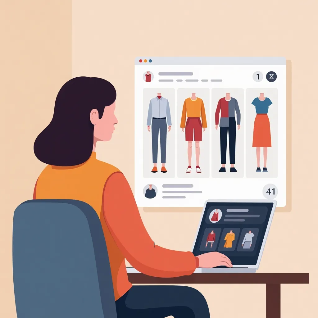 User exploring free AI outfit generator on laptop with virtual mannequins displaying outfits