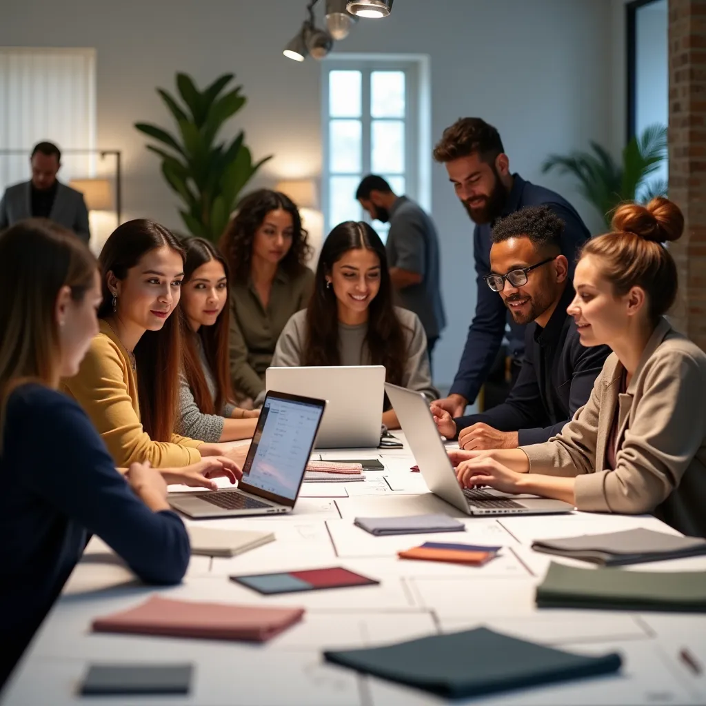Cross-functional fashion team planning AI roadmap Diverse fashion team including designers and data scientists collaborating at a table