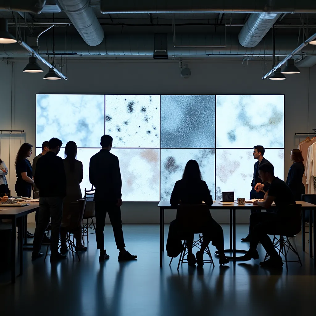 AI-powered design studio illustrating future fashion AI trends Fashion design studio with screens showing AI-generated patterns and designers collaborating