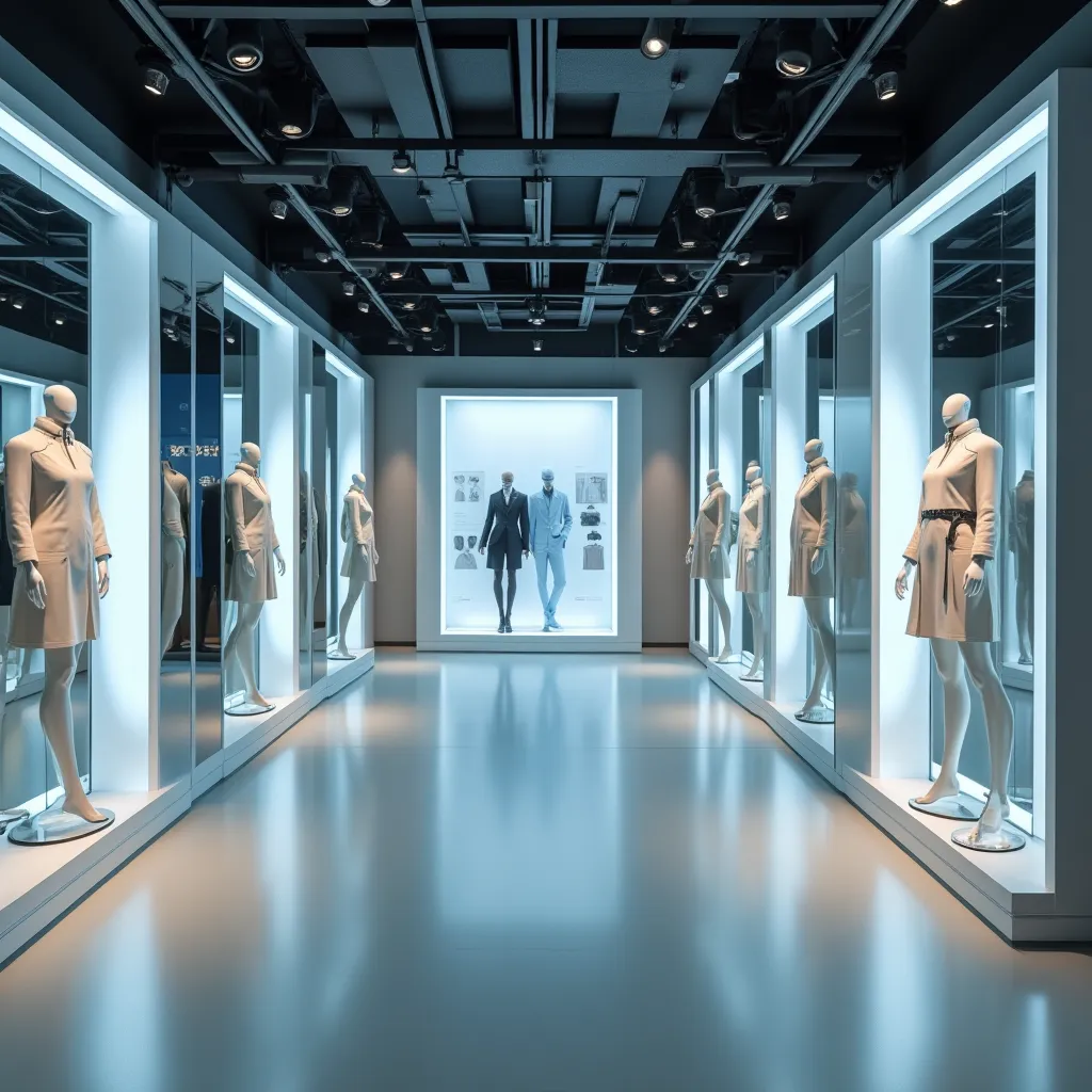 Futuristic retail store showing what’s next in AI fashion Futuristic fashion store with smart mirrors and virtual mannequins