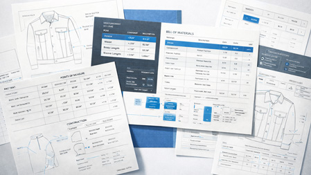 High-resolution fashion tech pack documents layered on a bright surface, showing technical flats, POM measurement tables with tolerances, bill of materials (BOM), construction notes, and version tracking in a modern fashion production layout.