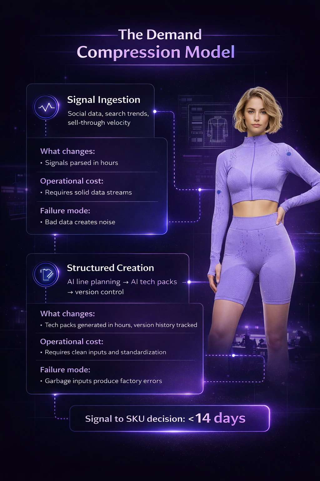 Vertical dark-mode infographic titled “The Demand Compression Model” showing a three-stage flow beside a woman in purple activewear, ending with “Signal to SKU decision: <14 days.”