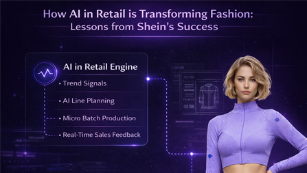 Purple infographic on AI in fashion retail, showing an AI engine with key functions beside a model in lavender activewear.