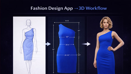 Split-screen image showing a fashion sketch evolving into a measured 2D flat and then a realistic 3D blue dress on a model, titled “Fashion Design App → 3D Workflow.”
