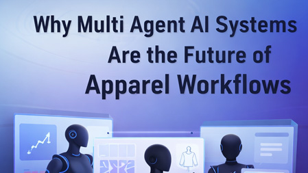 A humanoid robot interacts with multiple digital screens displaying various fashion design stages like trend analysis, garment sketches, and color palettes, symbolizing AI-powered design processes in fashion workflows.