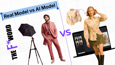 Thumbnail graphic comparing a real fashion model photoshoot setup with an AI-generated fashion model on a laptop screen, labeled “Real Model vs AI Model.”