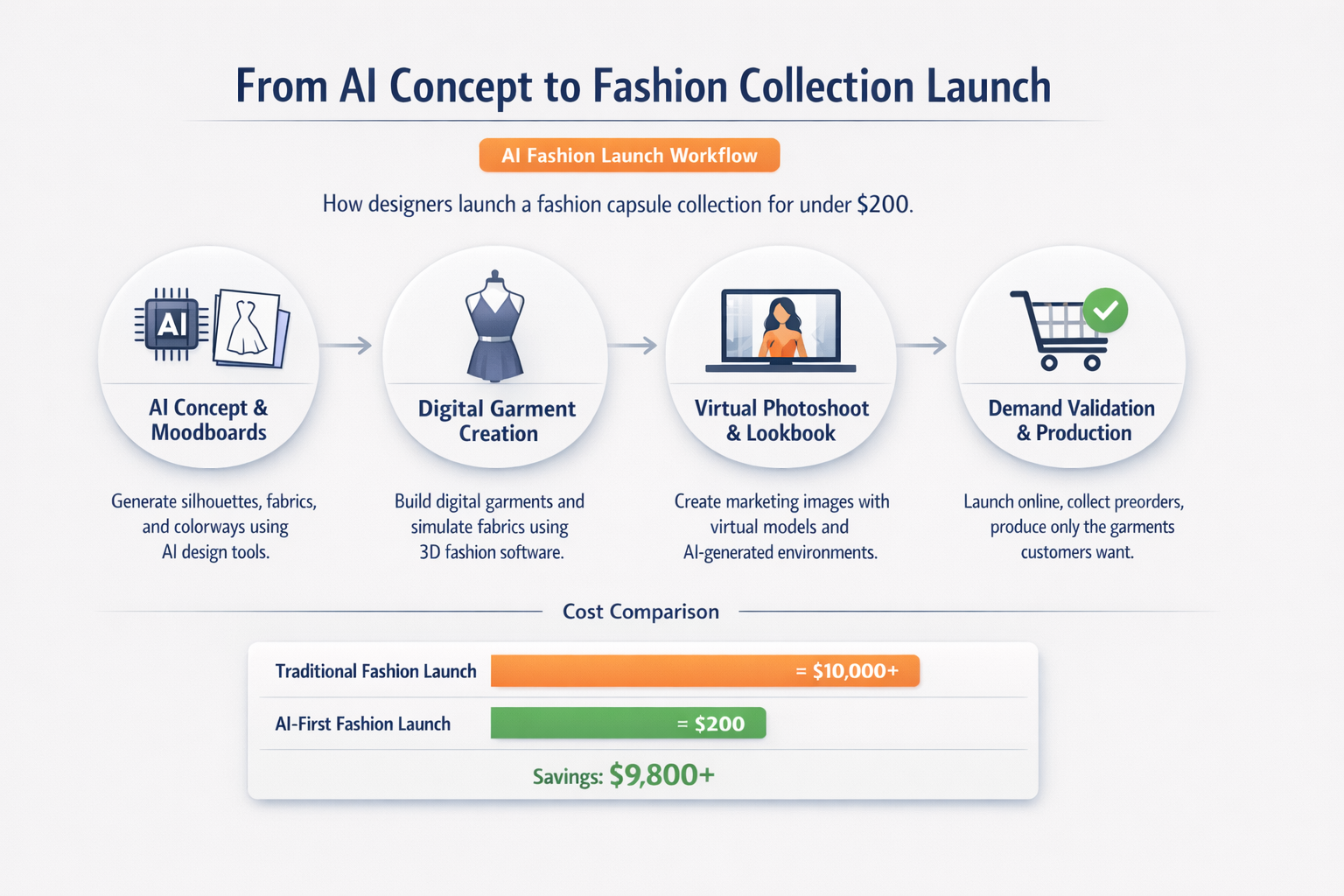 Modern flat-design infographic showing a four-step AI-powered workflow for launching a fashion capsule collection - from concept and digital garment creation to virtual photoshoots and demand-driven production - costing under $200.