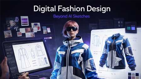 “Split-screen digital fashion design workspace showing AI garment sketches on a tablet, a futuristic jacket on a model, and a rendered tech pack with measurement overlays on a dark, neon-accented interface.