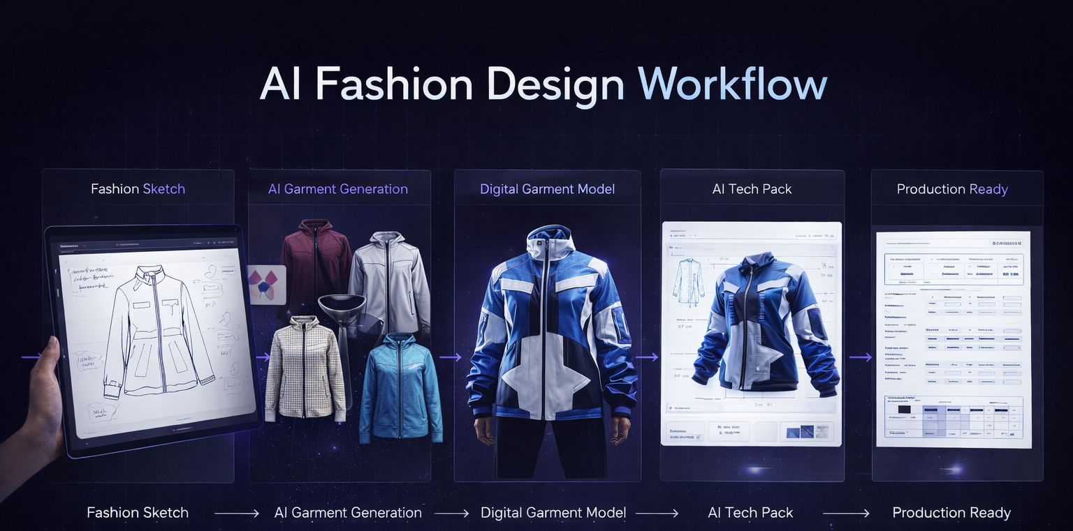 AI fashion design workflow diagram showing five stages from sketch on a tablet to AI-generated garments, a 3D garment model, tech pack creation, and final production specification.