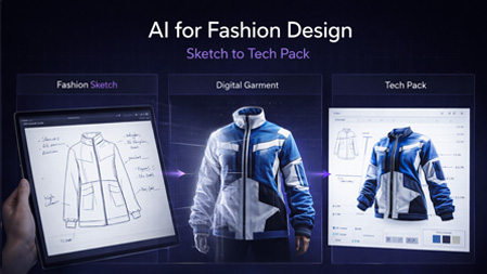 Split-screen fashion technology graphic showing a tablet sketch evolving into a digital jacket and a production tech pack with measurement annotations.