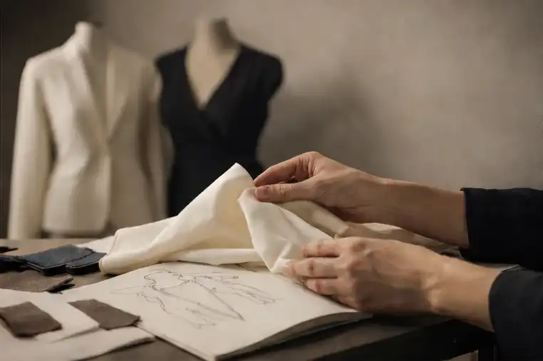 A designer evaluates a digital fashion sampling sketch on a tablet, showcasing the detailed pre-production process.