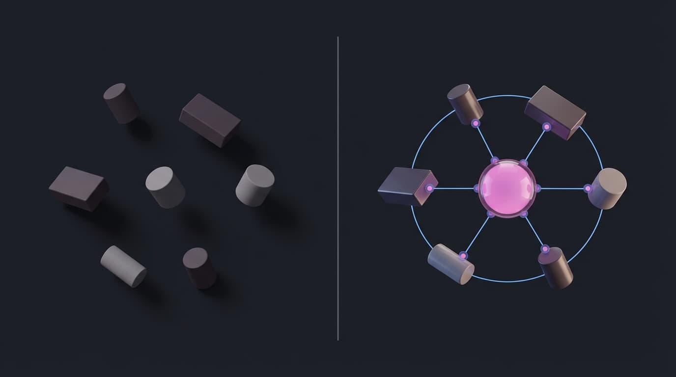 Split System Comparison — legacy PLM fragmented stack on the left versus unified AI-native fashion platform on the right