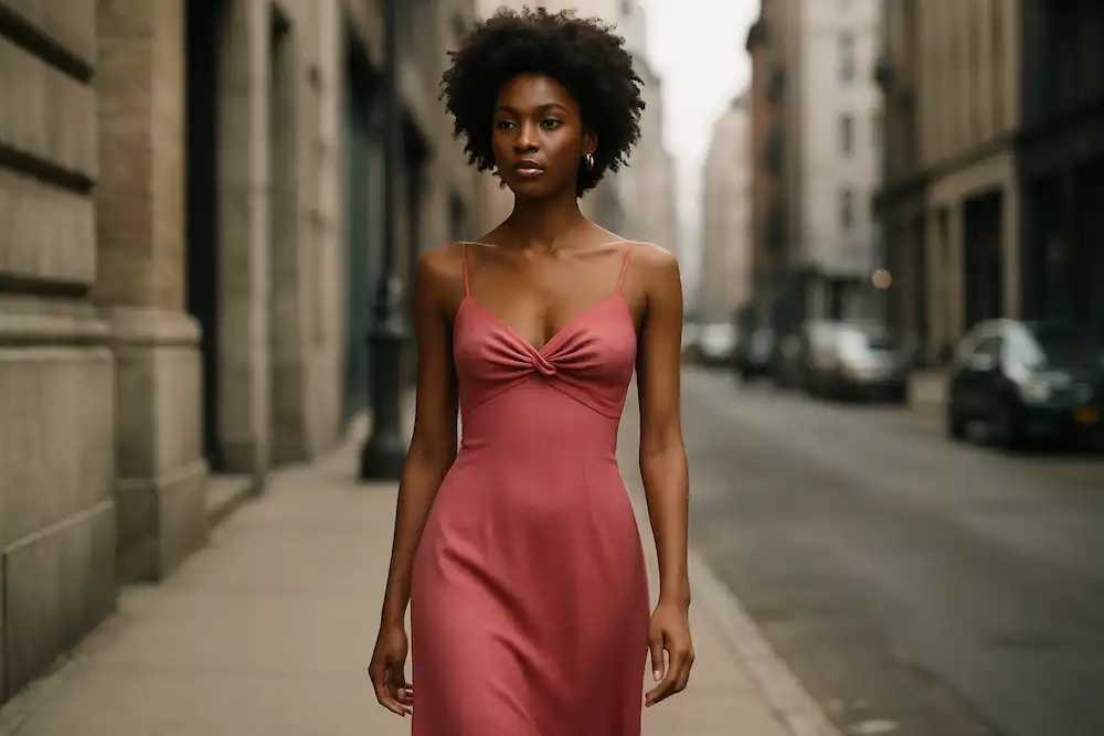 A 3D model in a pink dress, illustrating how agentic AI in fashion can design and visualize new apparel.