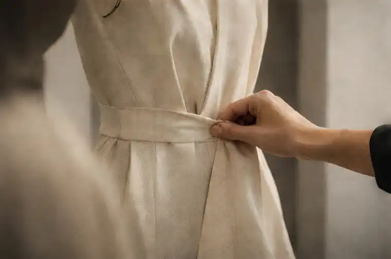 A designer uses AI for fashion product development, sketching a dress on a tablet with a stylus.