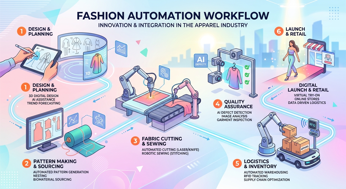 Overview of the fashion automation workflow, illustrating interconnected stages from design to launch.