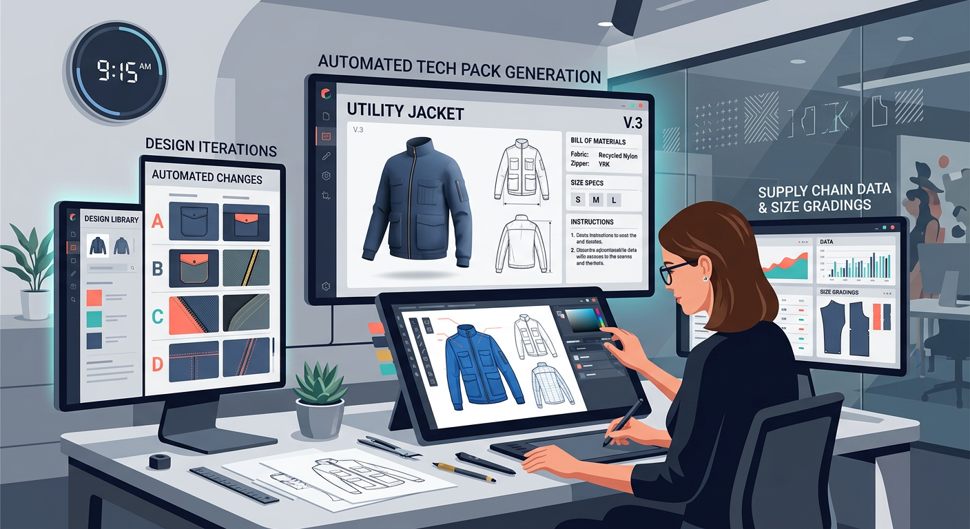 Illustration of the technical design automation process in fashion, featuring a designer at work with digital tools.