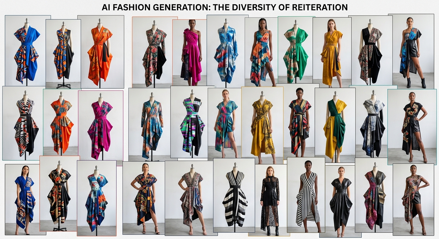 A collage of AI-generated fashion design variations showcasing diverse colors, patterns, and styles.