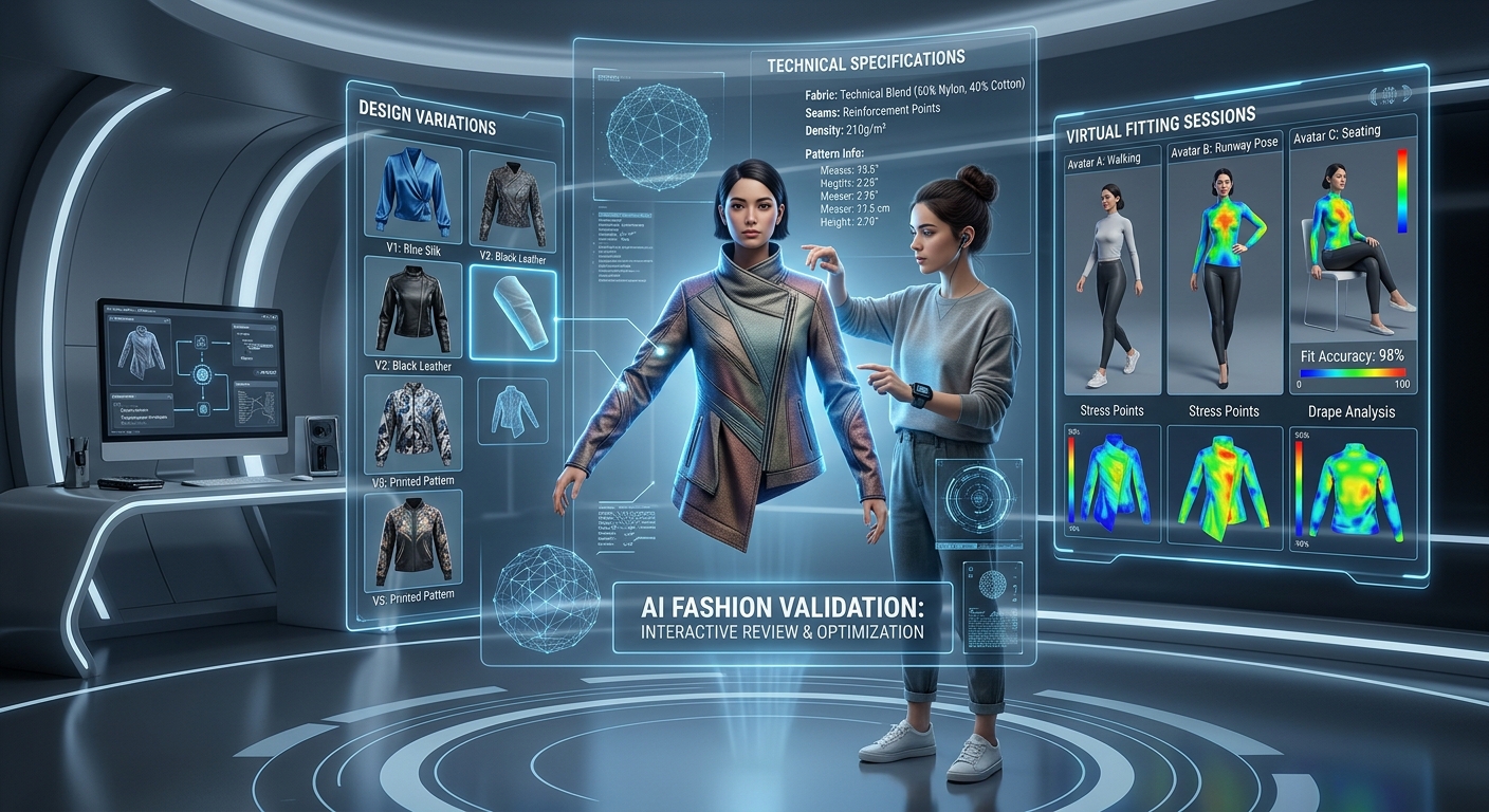 A designer interacting with a 3D model of clothing in a futuristic workspace, showcasing the AI-driven validation process.