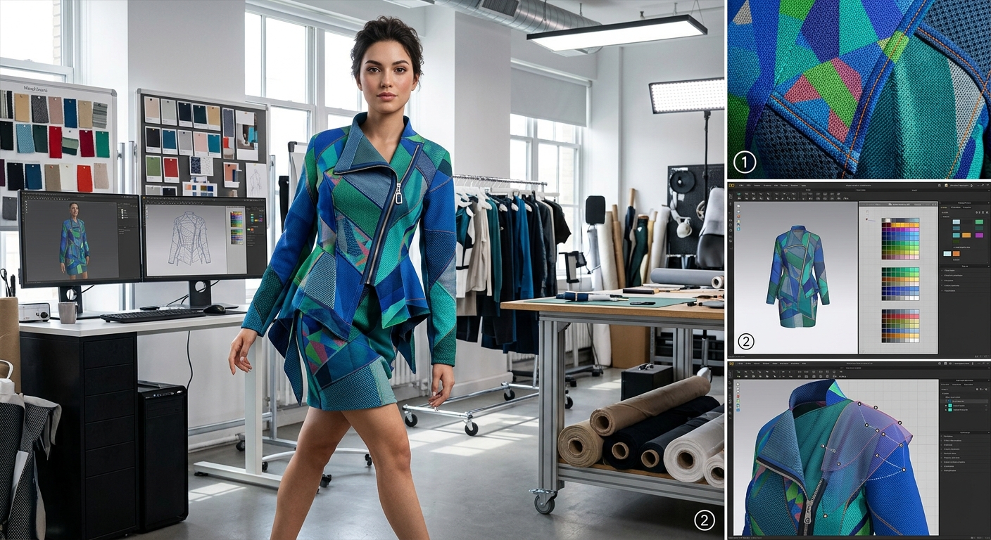 3D garment prototype displayed on a realistic avatar in a fashion studio, showcasing digital sampling technology.