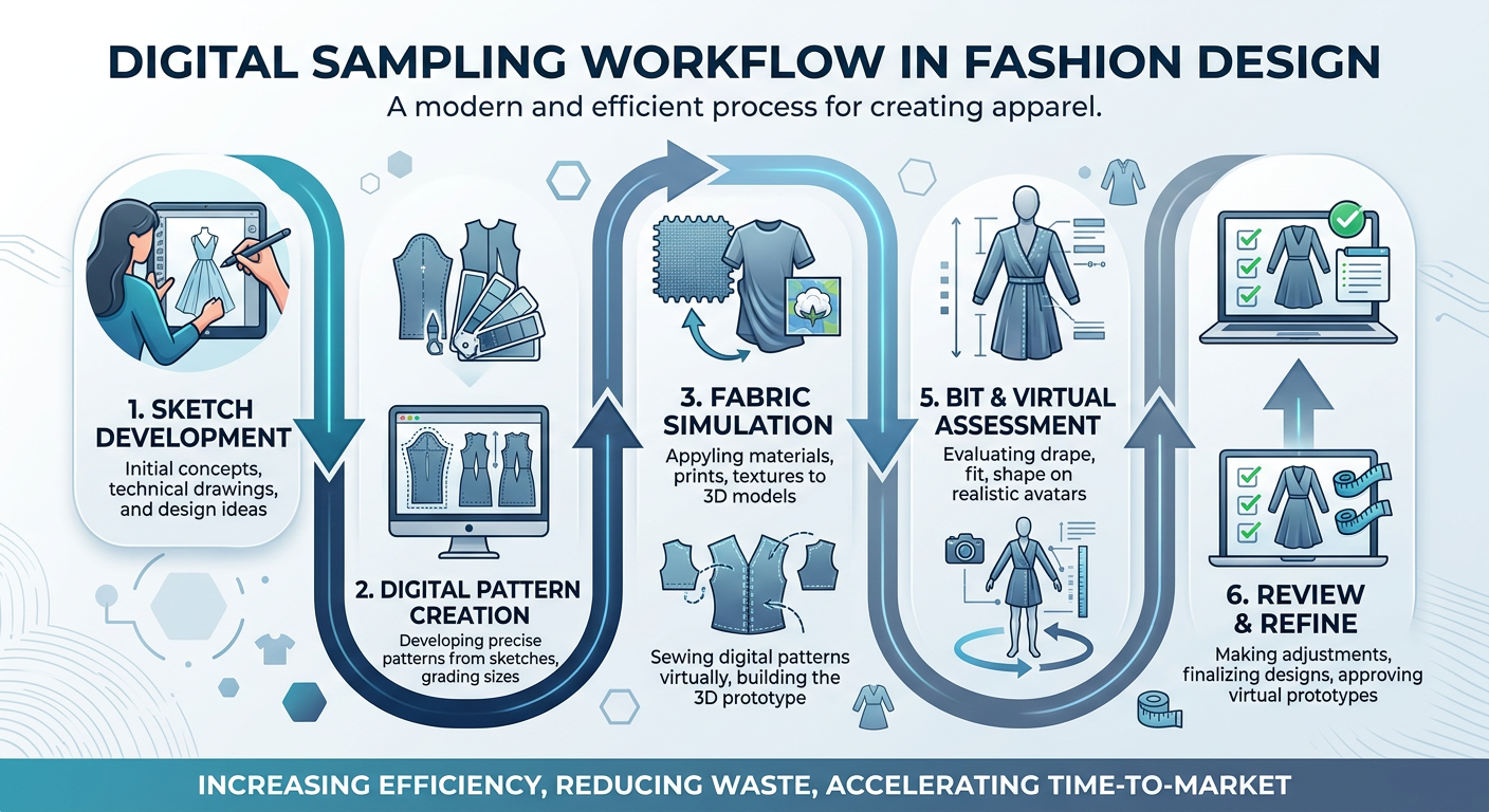 Infographic illustrating the digital sampling workflow in fashion design, showing each step of the process.