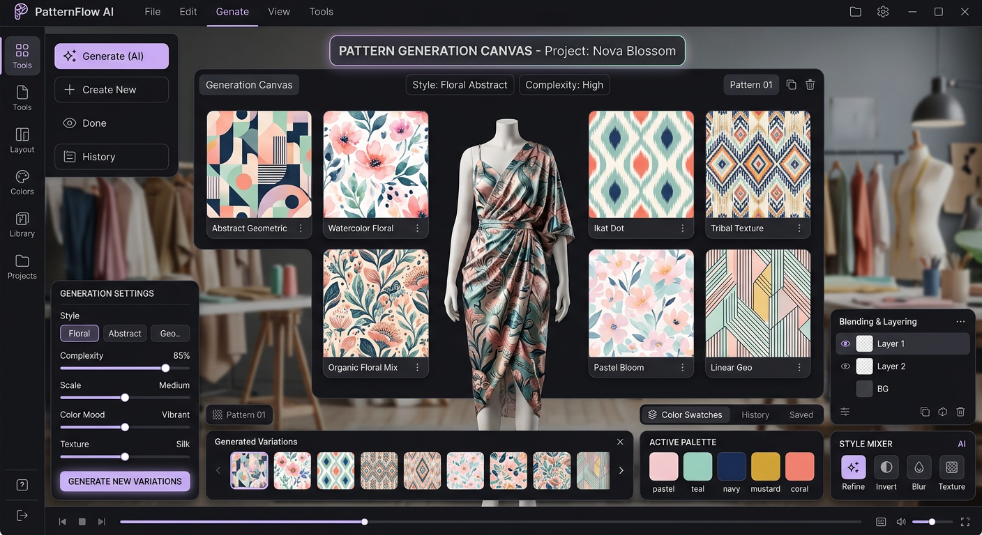 Screenshot of an AI pattern generation interface for fashion design, displaying various digital patterns.