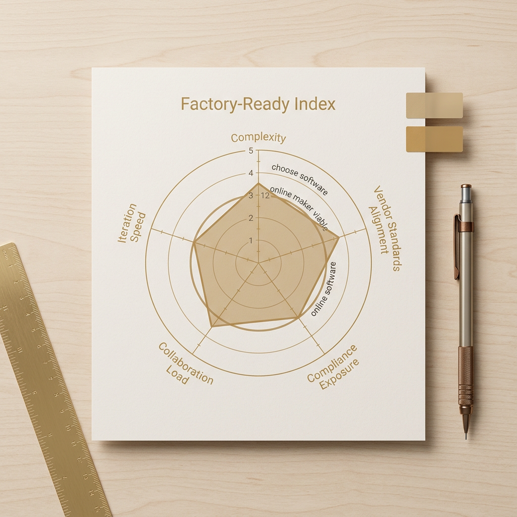 Photorealistic flat-lay of a printed radar chart with five axes and threshold rings at 12 and 15 in gold and cream tones, with a metal ruler and pencil on a cream desk.
