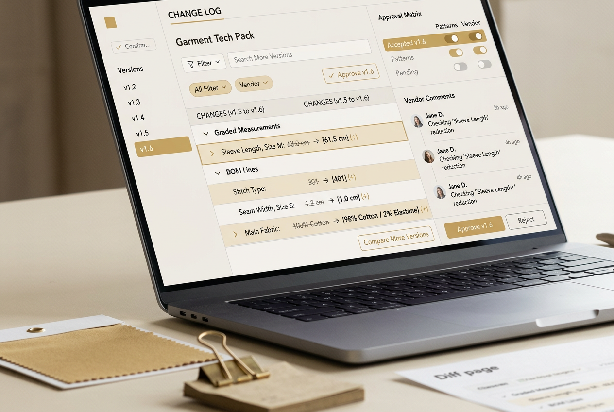 Photorealistic close-up of a laptop showing a garment tech pack change log with version history, side-by-side diffs, vendor comments, and acceptance flags in gold and cream brand colors.
