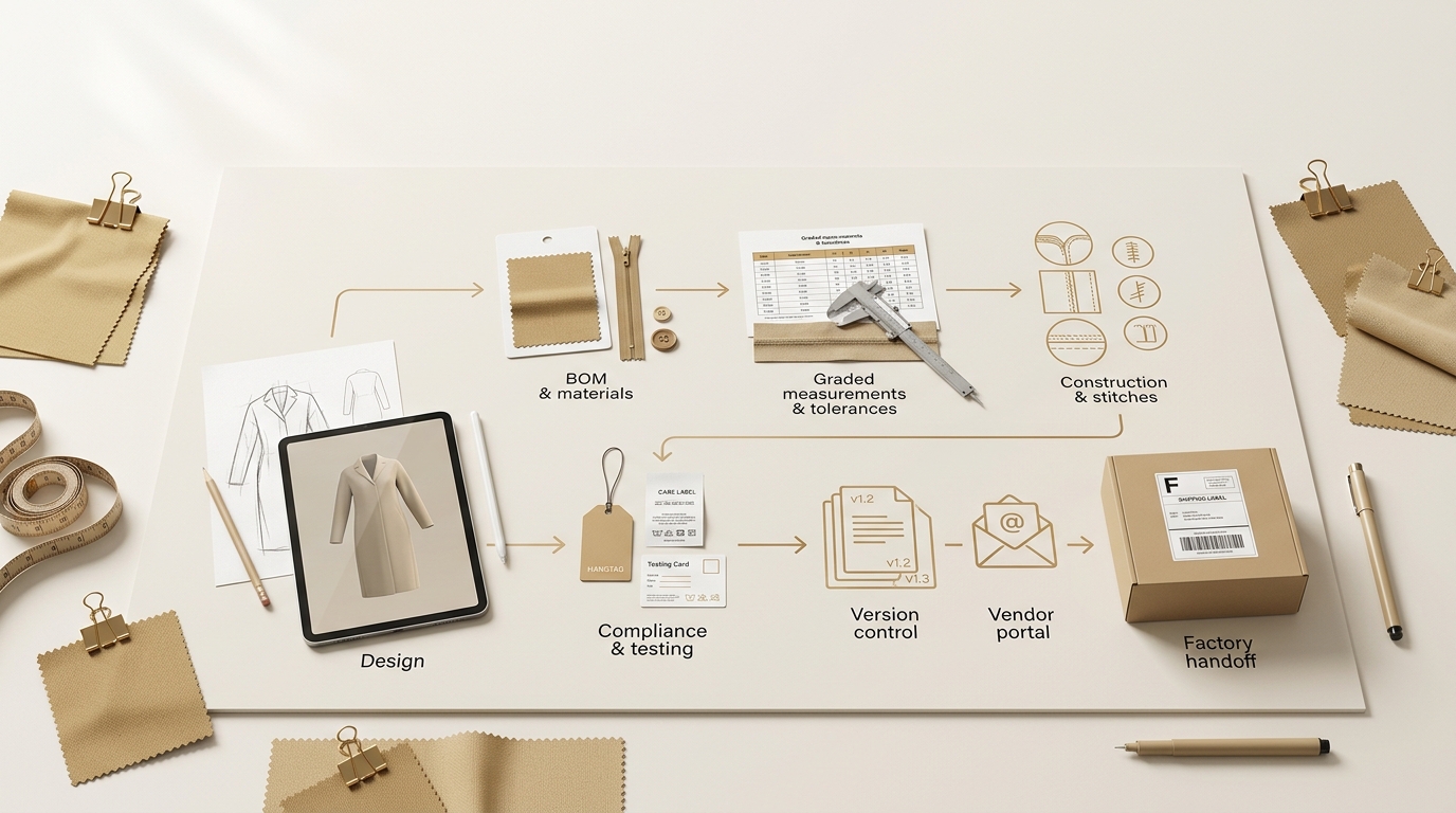 Photorealistic studio flat-lay showing a brand-colored flow diagram from design through BOM, measurements, construction, compliance, version control, and vendor portal to factory handoff, with fabric swatches and tools on a cream background.