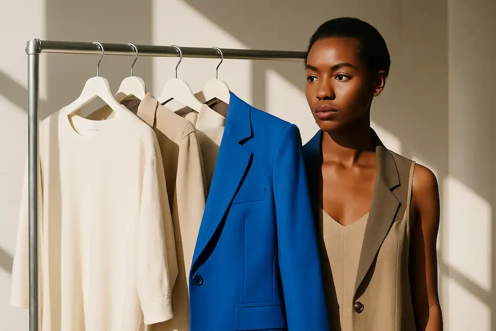 A 3D model wearing a blue blazer, showcasing the potential of agentic AI fashion strategy in virtual apparel design.