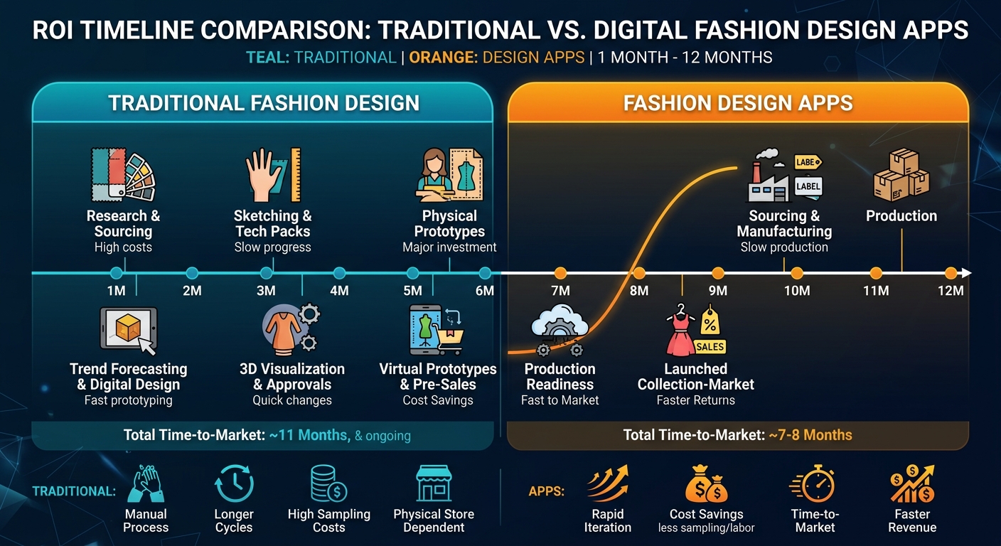 Comparison chart of ROI timelines for traditional fashion design versus fashion design apps.