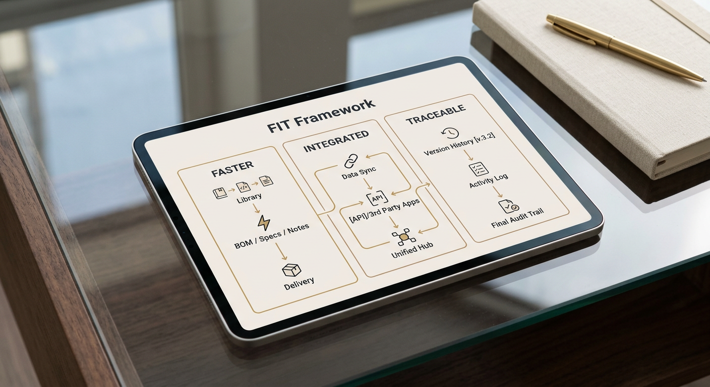 Photorealistic tablet on a glass desk showing a clean FIT Framework diagram—Faster, Integrated, Traceable—in gold and cream brand colors.