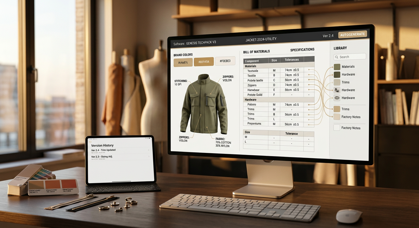 Photorealistic fashion studio desk with a large monitor showing an automated tech pack—3D garment preview, BOM, and specs—in a warm gold and cream palette.
