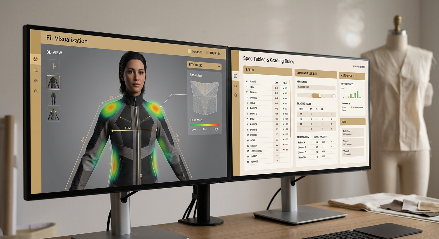 Photorealistic dual monitors showing a 3D on-model fit check with overlays and synchronized spec tables in a warm gold and cream UI.