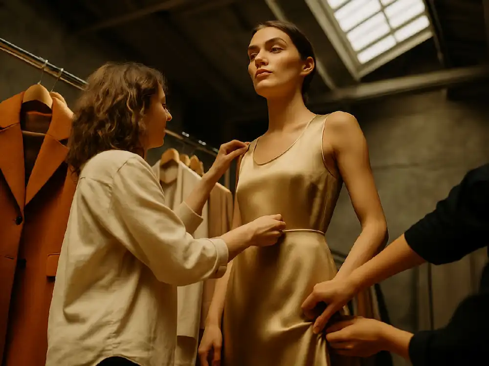 A model in a shimmering gold dress poses, illustrating how fashion trend analysis software informs stunning designs.