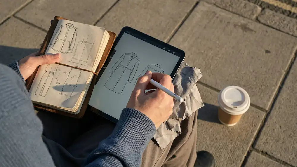 Digital sketches of a jacket, showcasing the detailed design capabilities of 3D garment visualization software for pre-production.