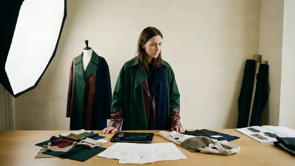 A model in a stylish jacket demonstrates the efficiency of fashion production automation software.